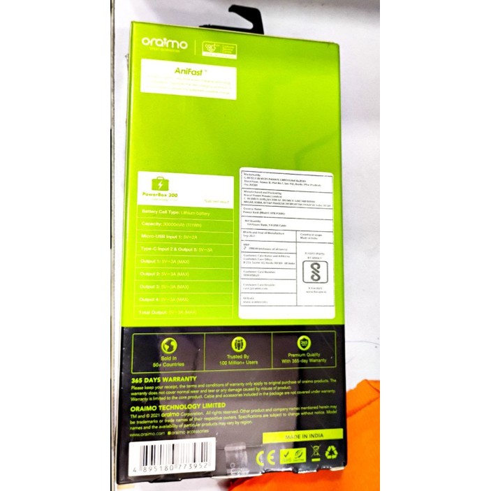 Oraimo 30000mAh Li-Polymer Power Bank Fast Charging with 15W Type C Input &Output Quick Charge,5 Ports Output,Multi-Layer Protection with LED Torch+ Type C Cable