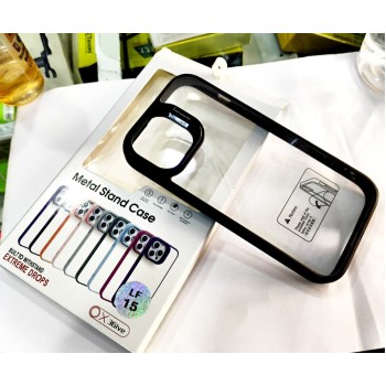 Matal stand case with camera protector transparent cover for iphone 15