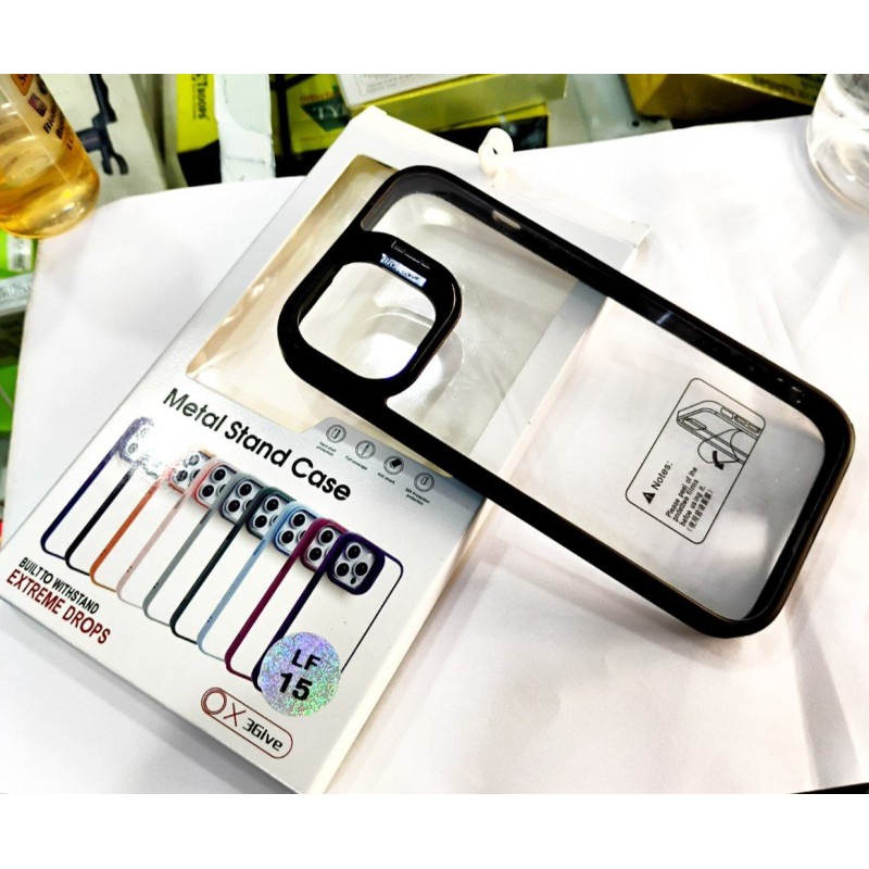 Matal stand case with camera protector transparent cover for iphone 15