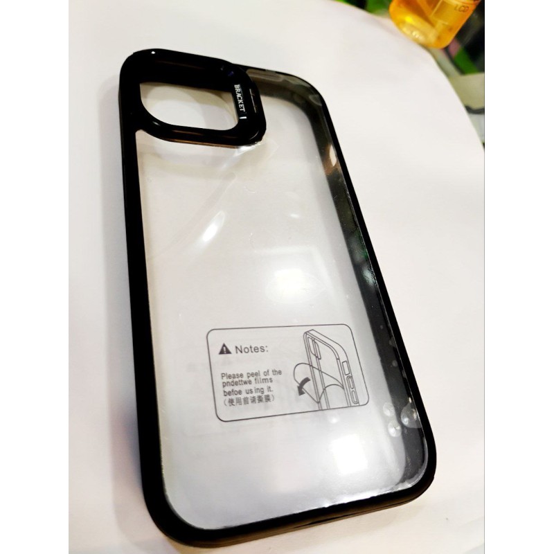 Matal stand case with camera protector transparent cover for iphone 15