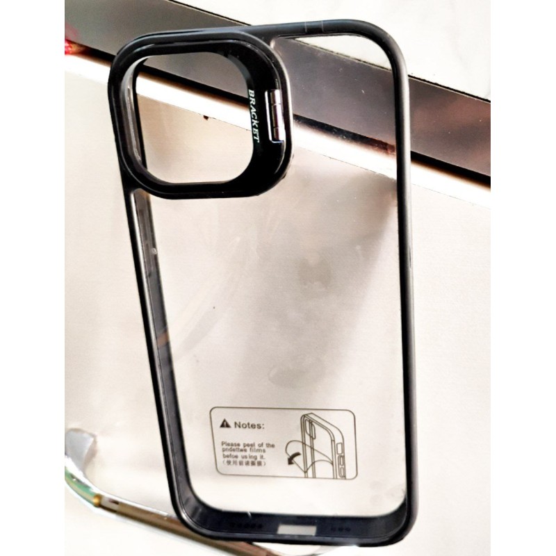 Matal stand case with camera protector transparent cover for iphone 15
