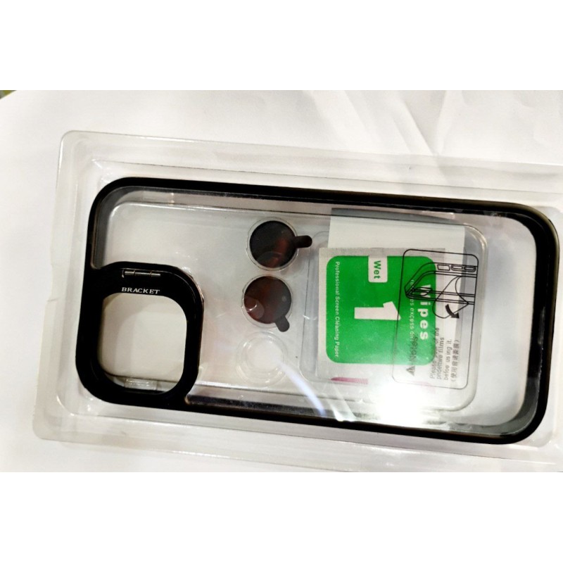 Matal stand case with camera protector transparent cover for iphone 15