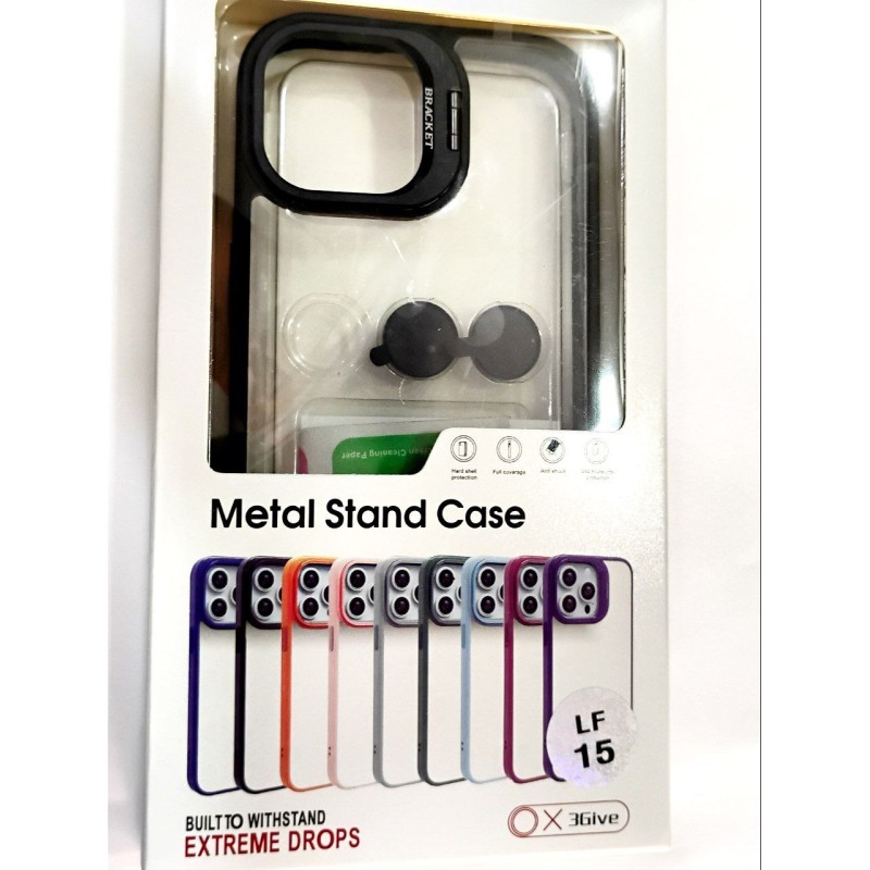 Matal stand case with camera protector transparent cover for iphone 15