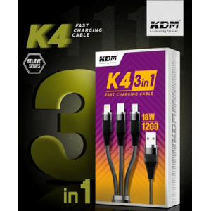 Kdm K4 3 in 1 Fast Charging Cable high-quality 18w and 1200mm fast charging cable compatible with smart phone, iphone, Samsung, android devices support cable 