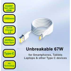 SHKOD super cable 67W with 1000mm Long Braided Type-c cable Quick Charger 3.0 5A Fast Charging PD Technology, 480Mbps Data Sync for smart cellphones, tablet, Laptops