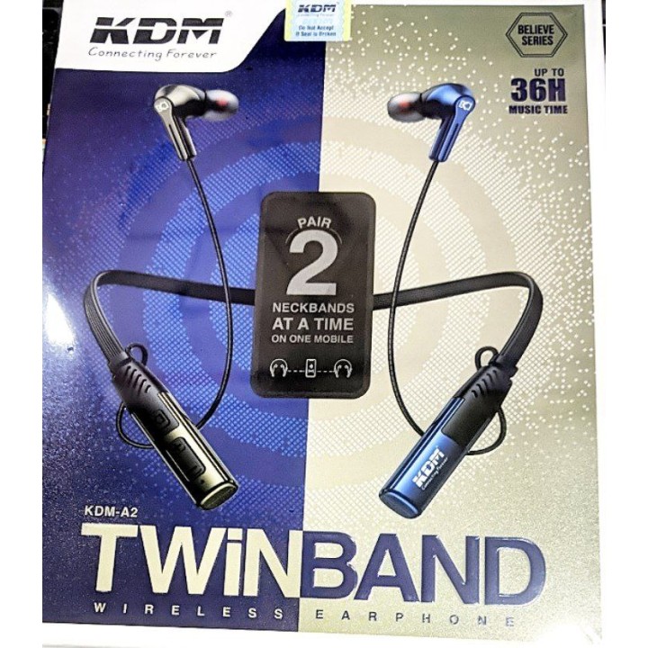 neckband wireless Bluetooth earphone pair 2 neckband AT A TIME ON ONE MOBILE  TWINBAND up to 36H music time KDM-A2 