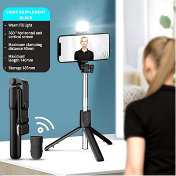 Selfie Stick R1S-L with LED Fill Light, Phone Tripod Stand with Detachable Bluetooth Wireless Remote Compatible with iPhone 12/11/XR/X/Pro, Galaxy S10 and More White Lights