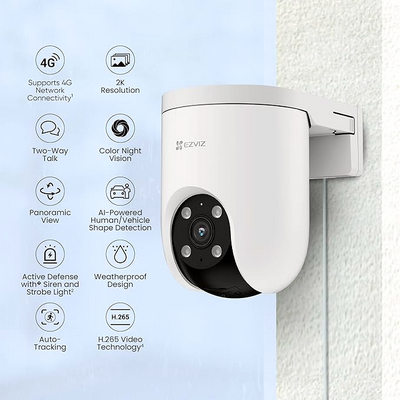 EZVIZ smart home camera H8C 4G 2K Pan Tilt Camera with AI Powered Human Detection, Color Night Vision, Two Way Talk, Weatherproof Design All SIM Support,  micro SD card 512 supported