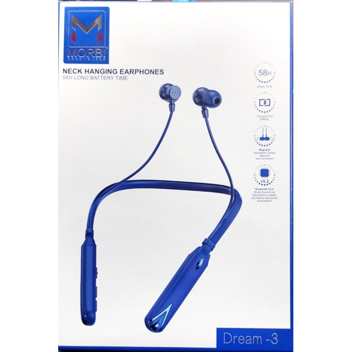MORBI bluetooth wireless neckband neck hanging earphone with up to 58hours music time, megnetic design and wireless range 10 mtrs Dream-3