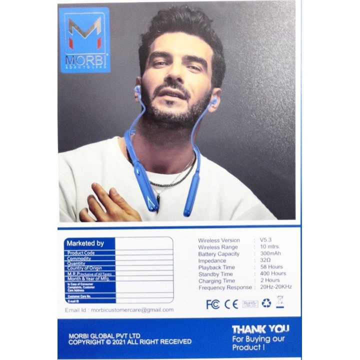 MORBI bluetooth wireless neckband neck hanging earphone with up to 58hours music time, megnetic design and wireless range 10 mtrs Dream-3